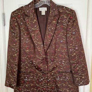 VTG JENNI MAX Brown Silk Blend Asian-Inspired Embroidered Floral Blazer …